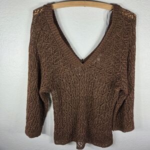 Knit Avenue Vintage Brown Sz S‎ Metalic Open Knit V-neck 3/4 Sleeves Top Blouse